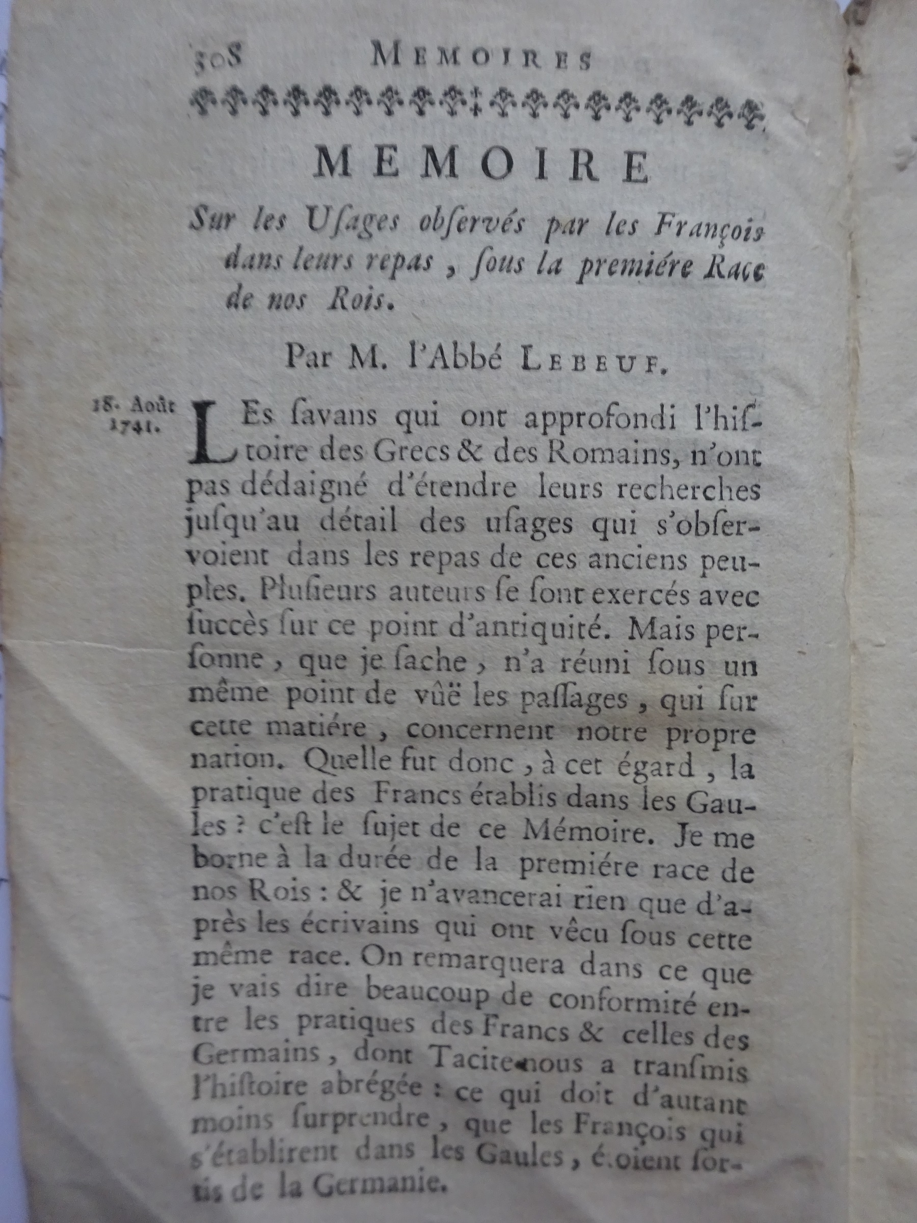 Sur les Usages observés par les françois, dans leurs repas, sous la première Race, de nos Rois