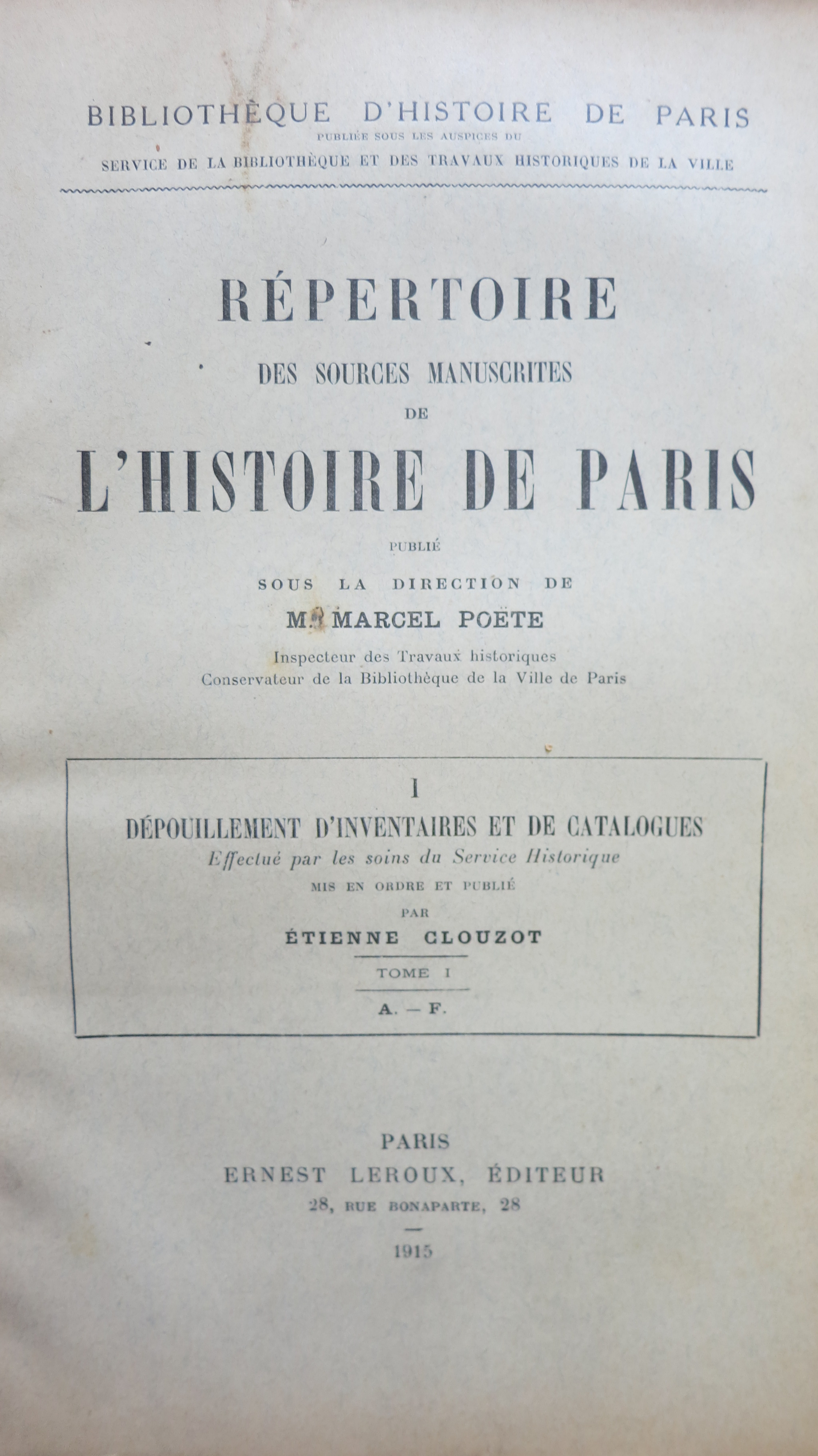 Répertoire des sources manuscrites de l'histoire de Paris