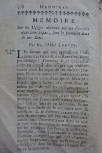 Sur les Usages observés par les françois, dans leurs repas, sous la première Race, de nos Rois